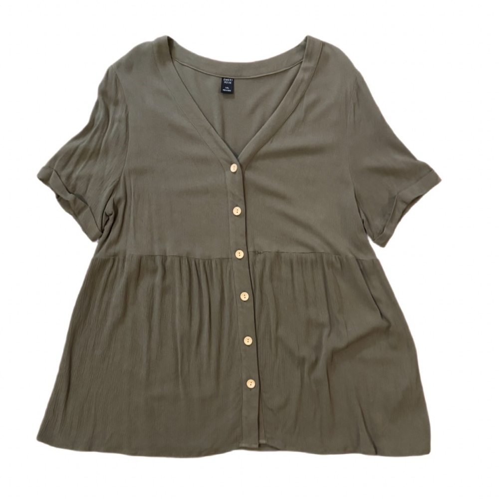 Emery Rose Olive Green Full Button-Front Babydoll Blouse V-Neck Short Sleeve 1XL